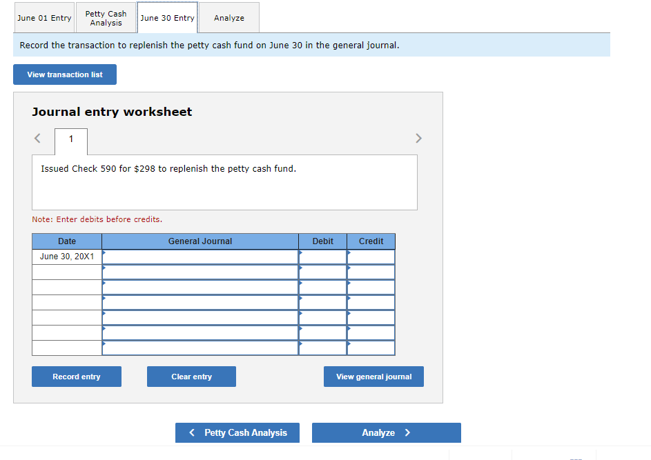 the petty cash fund, disburse petty cash during June, and replenish the