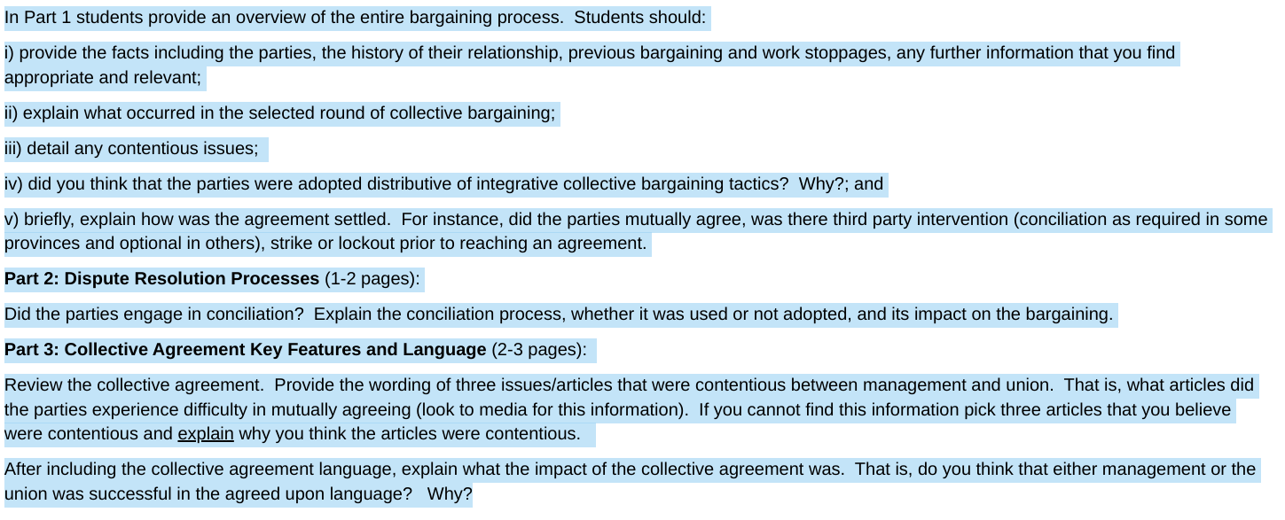  In Part 1 students provide an overview of the entire bargaining