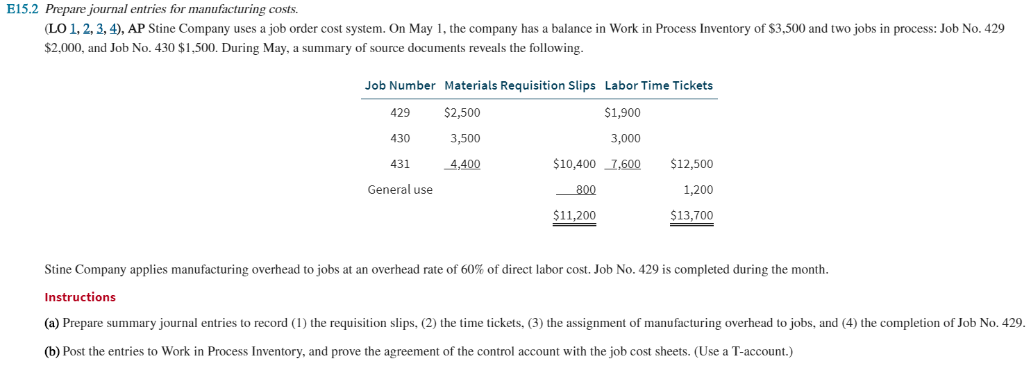 E15.2 Prepare journal entries for manufacturing costs. (LO 1, 2, 3,