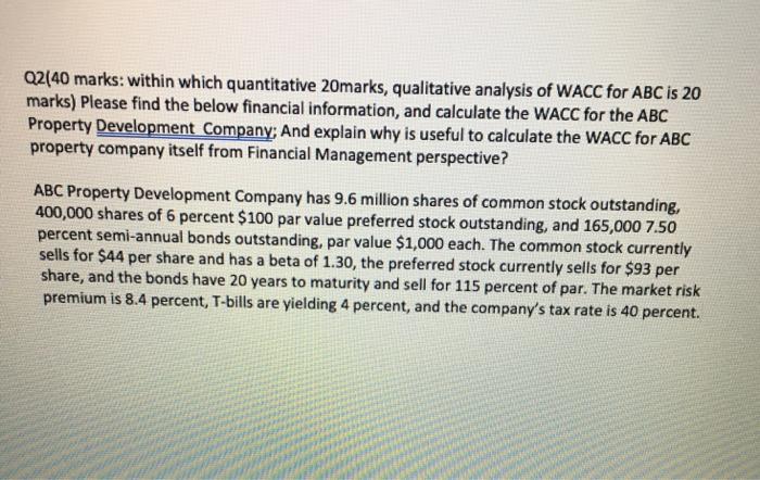  02(40 marks: within which quantitative 20marks, qualitative analysis of WACC for