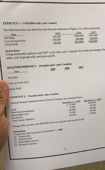  EXERCICE 1: (4 MARKS each year 2 marks) The following items