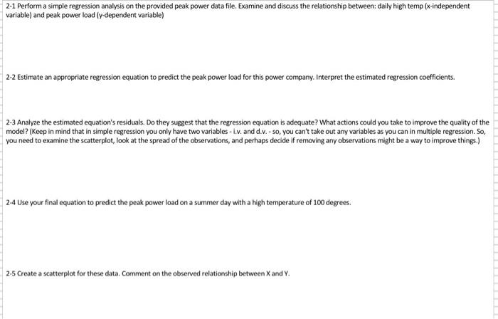  2-1 Perform a simple regression analysis on the provided peak power
