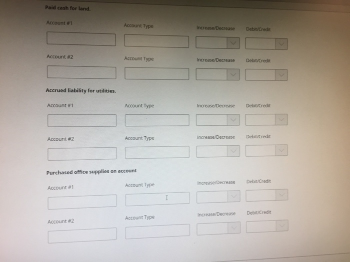they would Collected cash for services Account #1 Account Type Increase/Decrease Debit/Credit