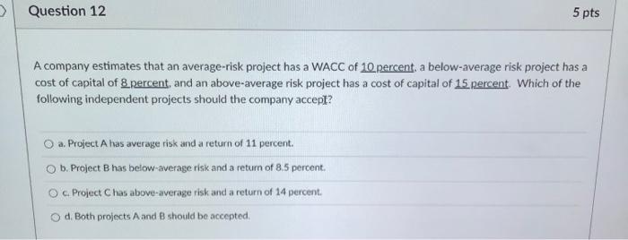  > Question 12 5 pts A company estimates that an average-risk
