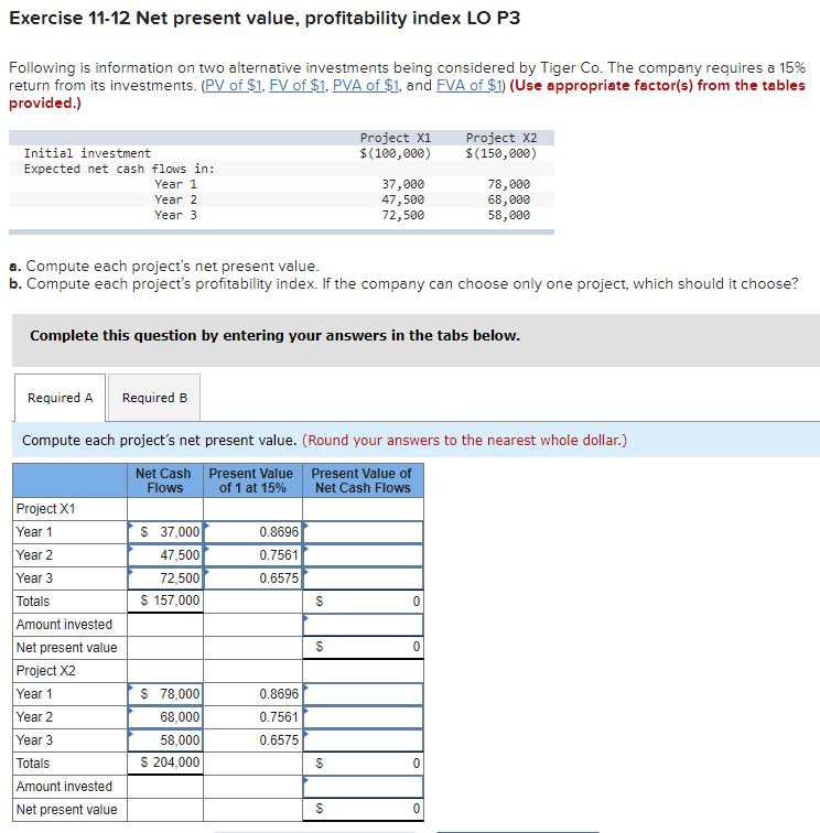 Exercise 11-12 Net present value, profitability index LO P3 Following is