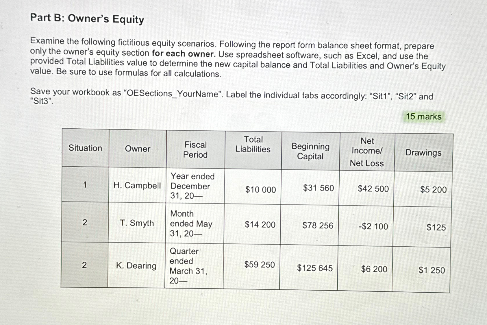  Equity Equation Assignment For this assignment, you will determine missing values