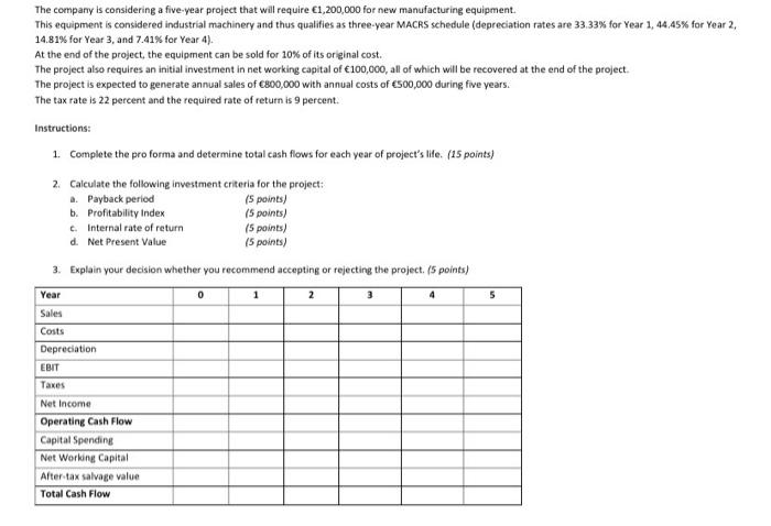  The company is considering a five-year project that will require 1,200,000