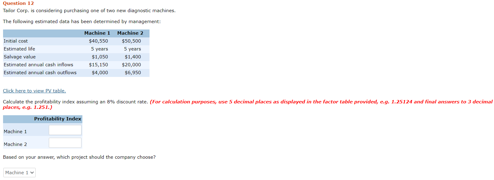 Question 12 Tailor Corp. is considering purchasing one of two new