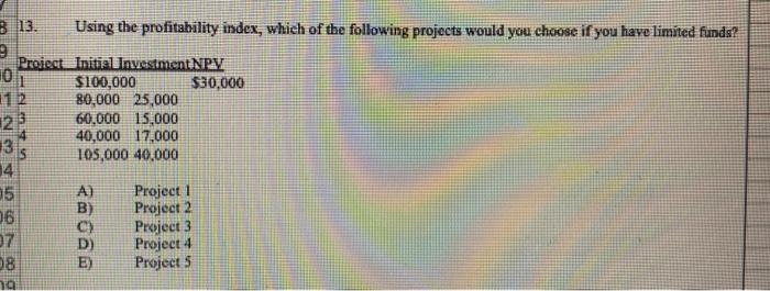  B 13. Using the profitability index, which of the following projects