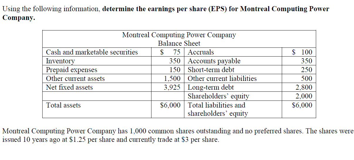  Using the following information, determine the earnings per share (EPS) for