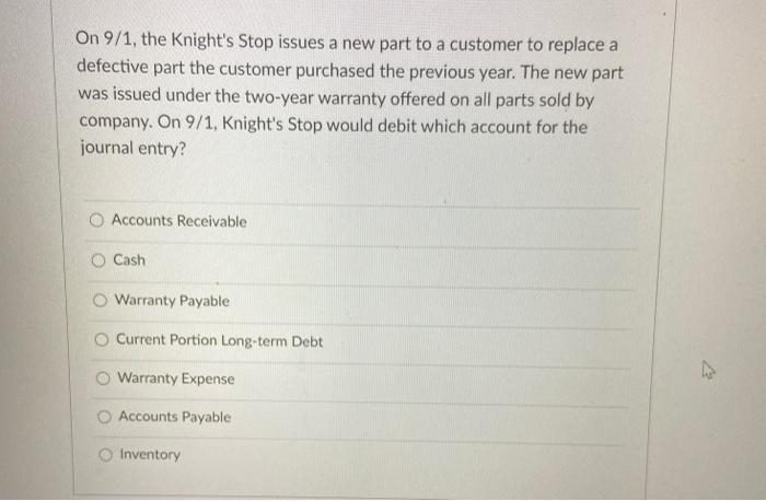  On 9/1, the Knight's Stop issues a new part to a