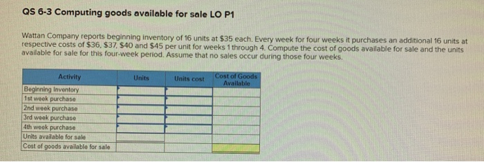  QS 6-3 Computing goods available for sale LO P1 Wattan Company