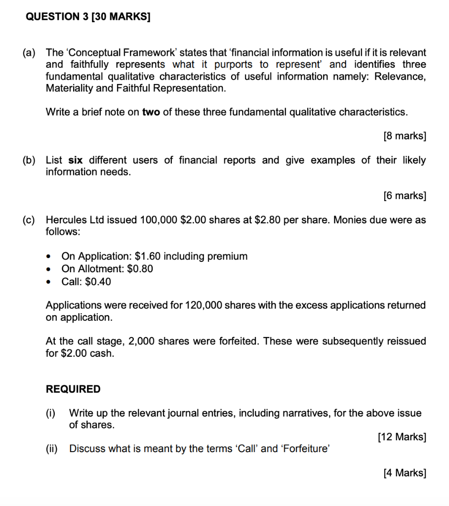  QUESTION 3 [30 MARKS] (a) The Conceptual Framework' states that 'financial