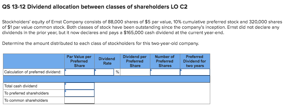  QS 13-12 Dividend allocation between classes of shareholders LO C2 Stockholders'