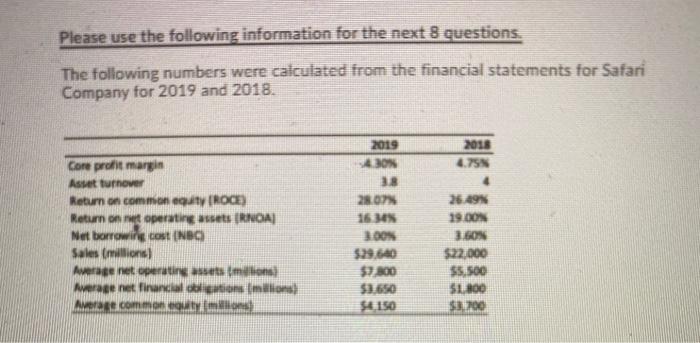  Please use the following information for the next 8 questions. The
