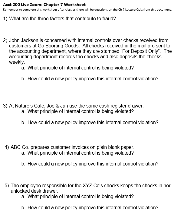 . Acct 200 Live Zoom: Chapter 7 Worksheet Remember to complete this
