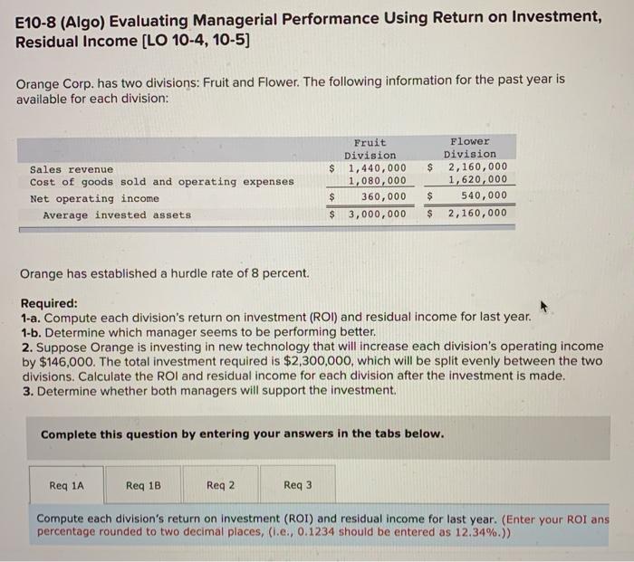  E10-8 (Algo) Evaluating Managerial Performance Using Return on Investment, Residual Income
