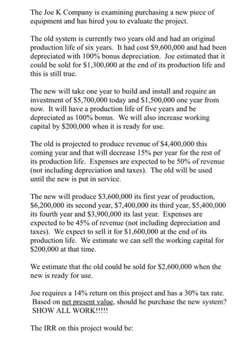 Using a ti 84 calculator The Joe K Company is examining purchasing