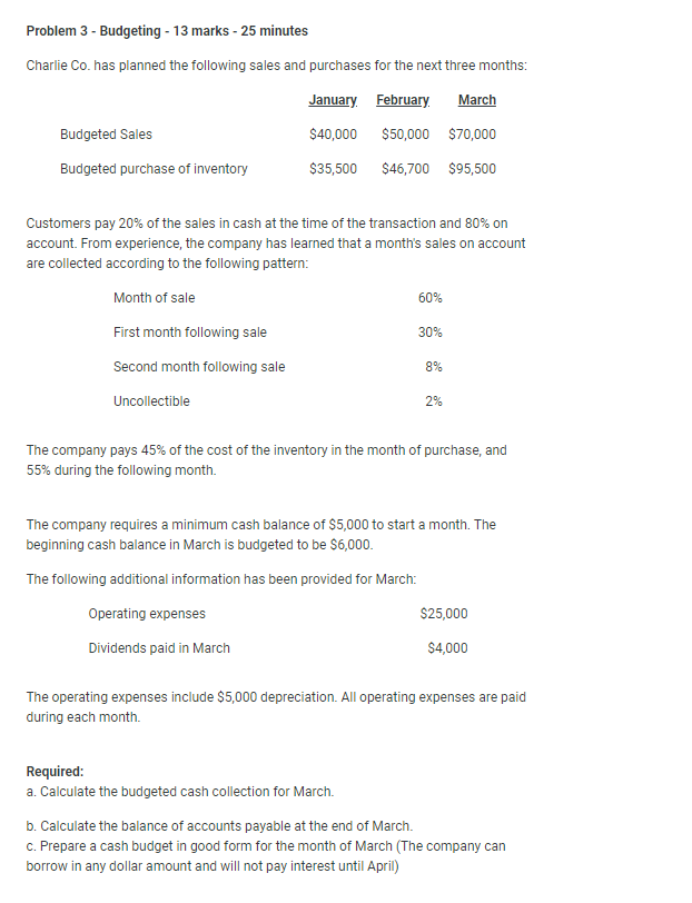  Problem 3 - Budgeting - 13 marks - 25 minutes Charlie