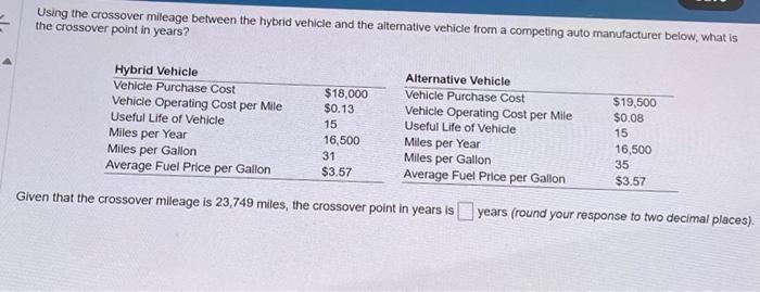  Using the crossover mileage between the hybrid vehicle and the alternative