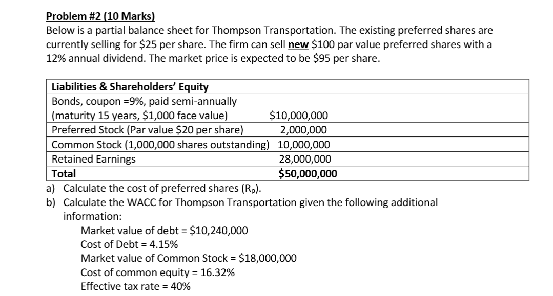 Problem #2 (10 Marks) Below is a partial balance sheet for