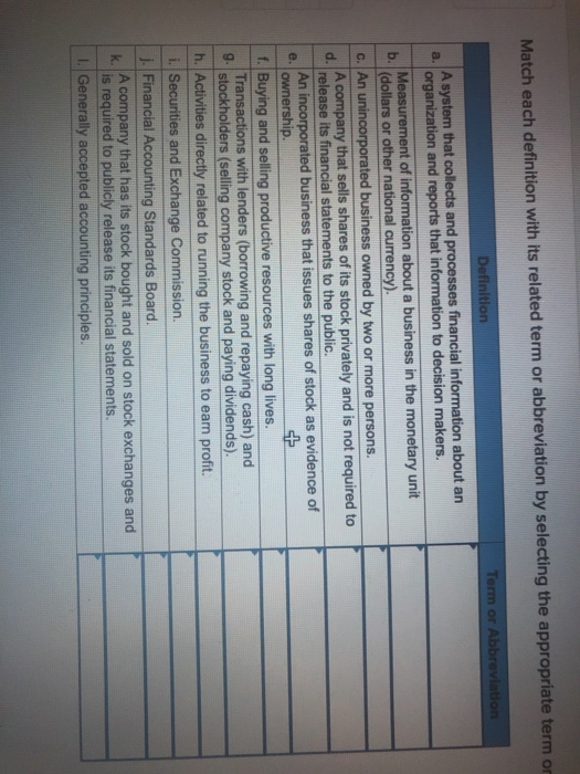  Match each definition with its related term or abbreviation by selecting