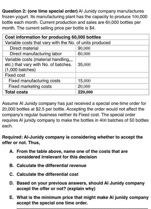  Question 2: (one time special order) Al Junidy company manufactures frozen