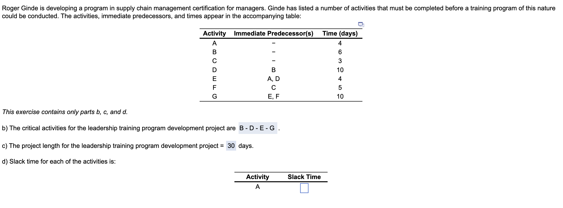 COMPUTE THE SLACK TIME FOR ACTIVITY A THROUGH G. Also, please draw