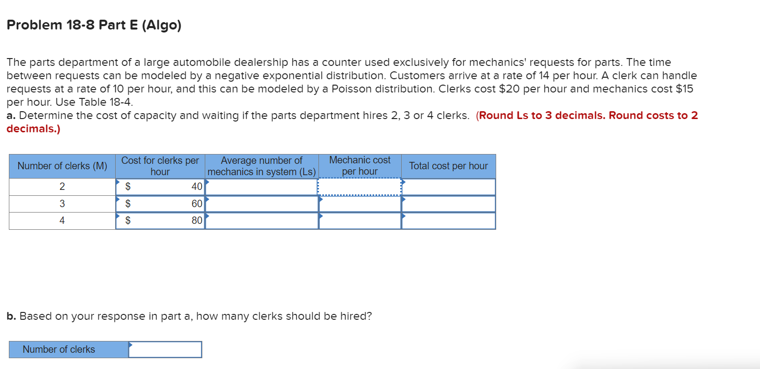  Problem 18-8 Part E (Algo) The parts department of a large