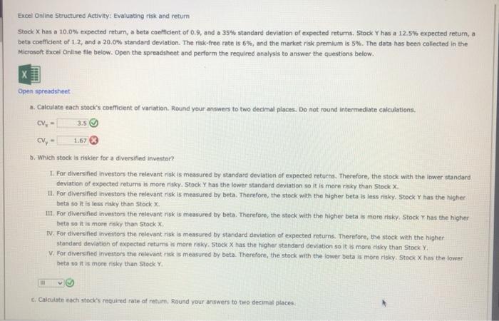  Excel Online Structured Activity: Evaluating risk and return Stock X has