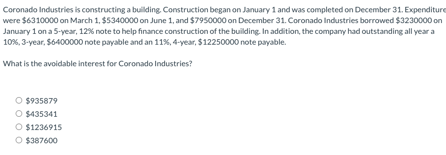 Coronado Industries is constructing a building. Construction began on January 1