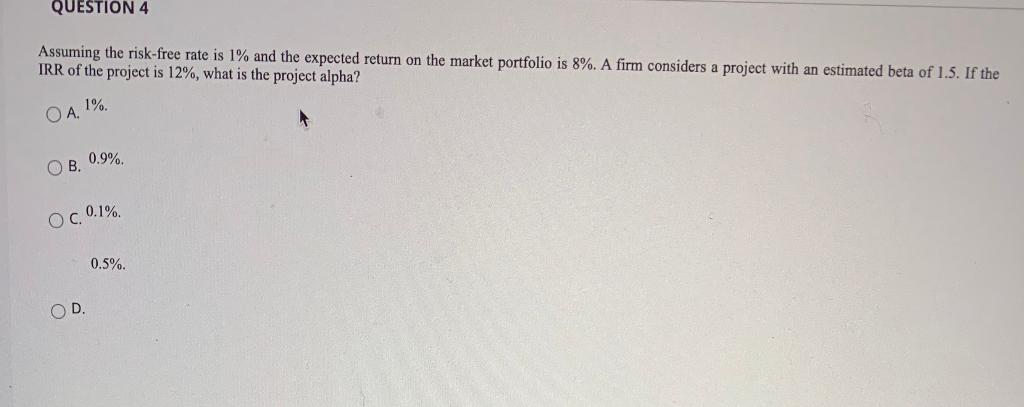 QUESTION 4 Assuming the risk-free rate is 1% and the expected