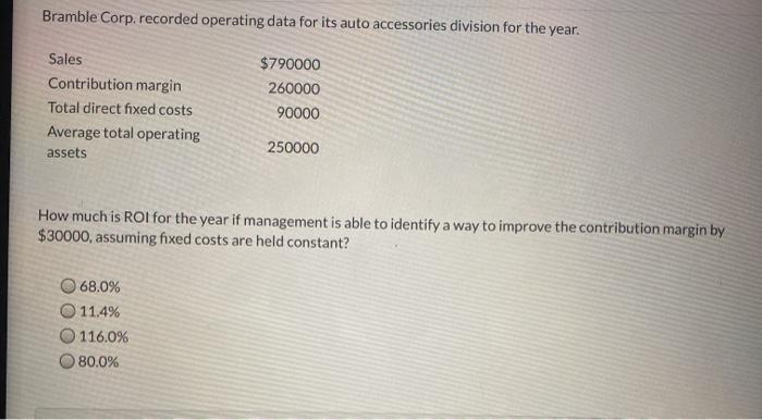  Bramble Corp. recorded operating data for its auto accessories division for