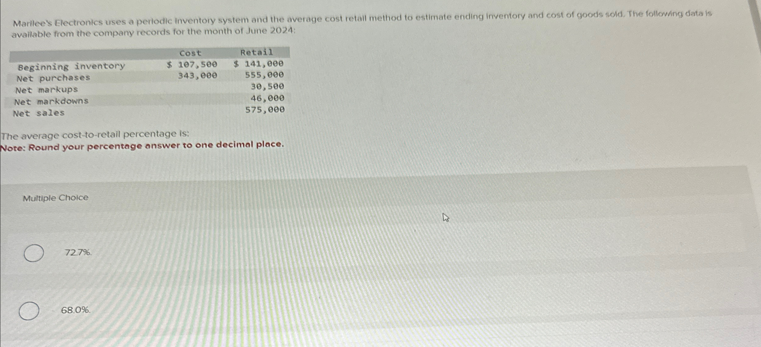  Marilee's Electronics uses a periodic inventory system and the average cost