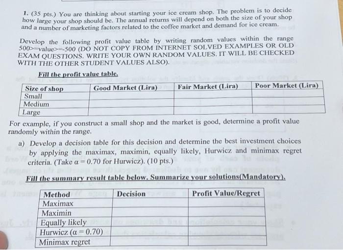  1. ( 35 pts.) You are thinking about starting your ice