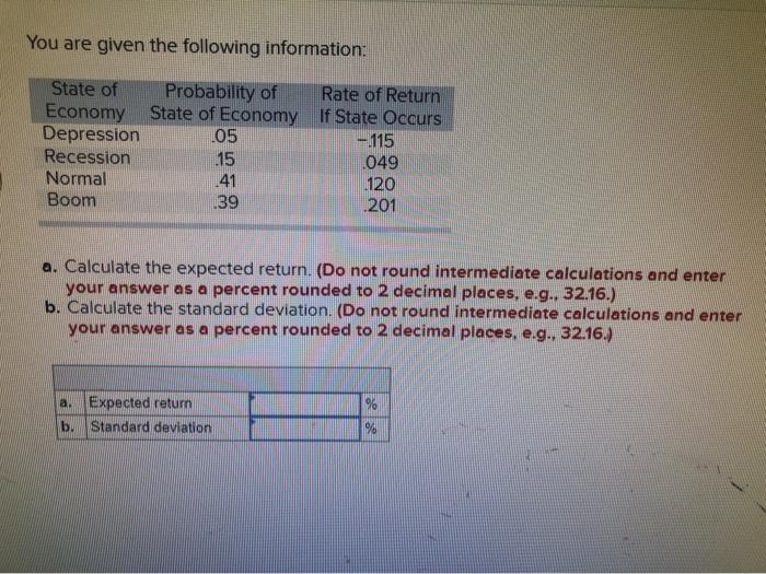  You are given the following information: State of Probability of Economy