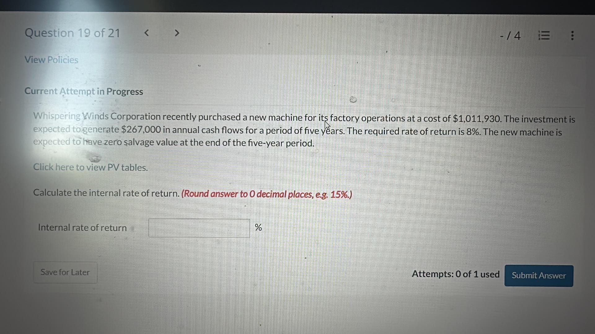  Current Attempt in Progress Whispering Winds Corporation recently purchased a new