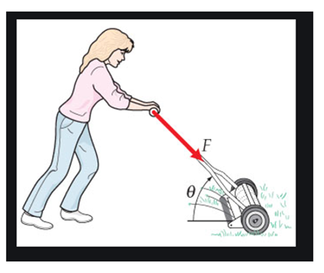 A force is to a lawn mower at an angle to the