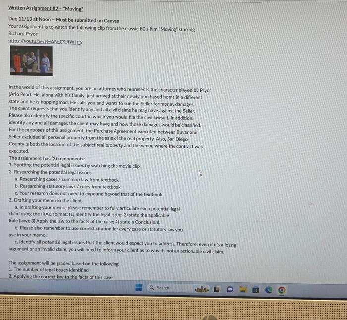  Written Assignment #2 - "Moving" Due 11/13 at Noon - Must