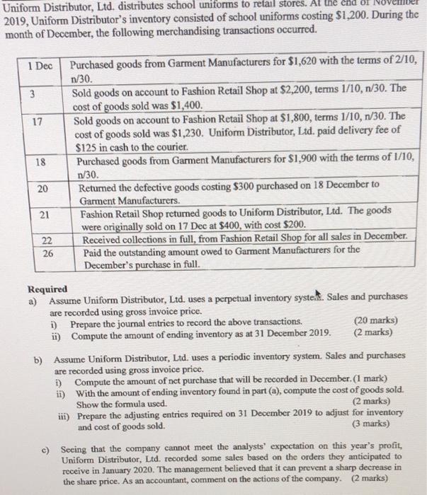  Uniform Distributor, Ltd. distributes school uniforms to retail stores. 2019, Uniform