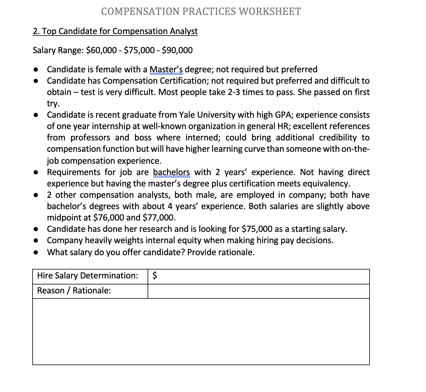  COMPENSATION PRACTICES WORKSHEET Top Candidate for Compensation Analyst Salary Range: $60,000-