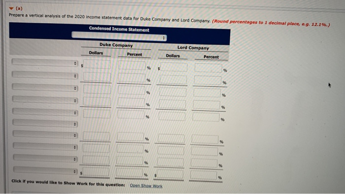 comparative statement data for Duke Company and Lord Company, two competitors. All