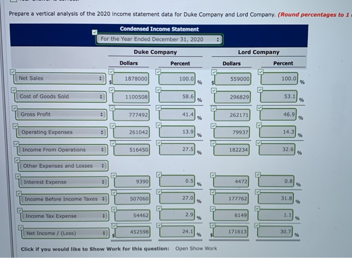 Lord Company 2019 2020 2019 2020 Net sales Cost of goods sold