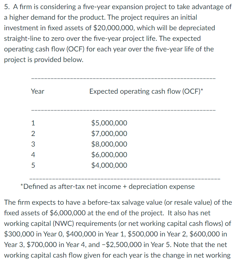  5. A firm is considering a five-year expansion project to take