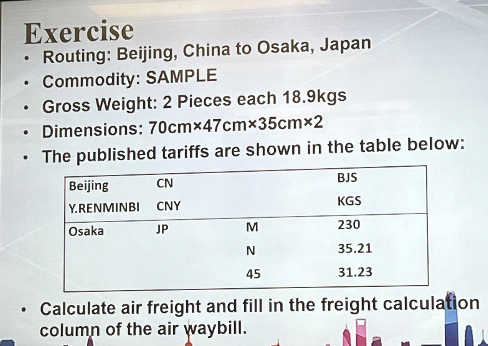  Exercise Routing: Beijing, China to Osaka, Japan Commodity: SAMPLE Gross Weight: