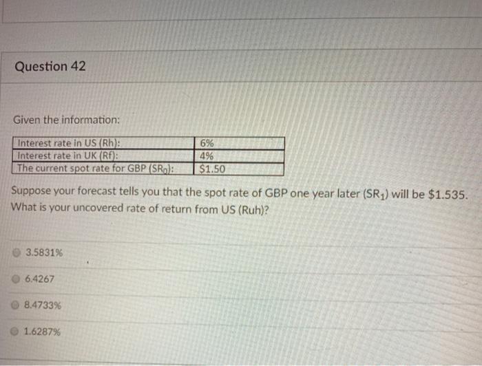  Question 42 Given the information: Interest rate in US (Rh): 6%