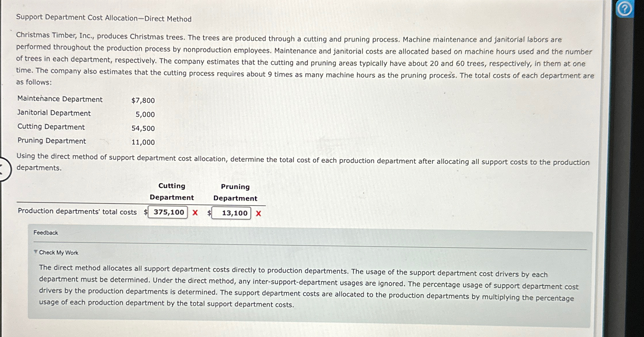  Support Department Cost Allocation-Direct Method Christmas Timber, Inc., produces Christmas trees.