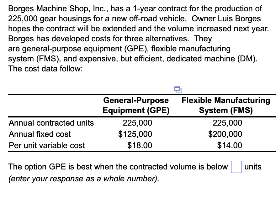 Borges Machine Shop, Inc., has a 1-year contract for the production of