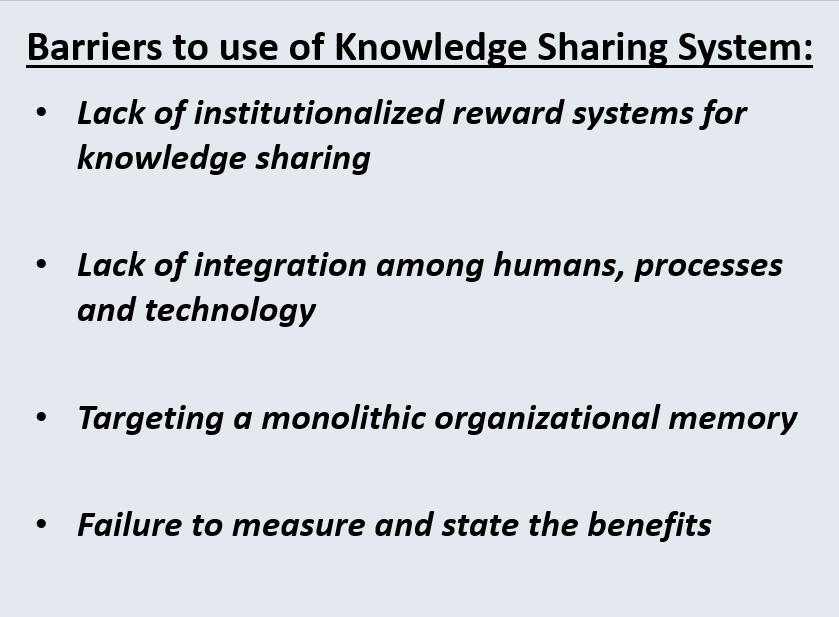 to the use of knowledge sharing systems. Use your own examples applicable
