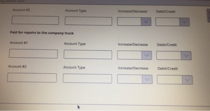 Type Increase/Decrease Debit/Credit Bought a company truck by signing a note at